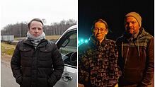 Jens aus Lindau (linkes Bild) hat im polnischen Grenzort Korczowa eine Freundin und deren Kinder aus der Ukraine abgeholt, Iryna und ...