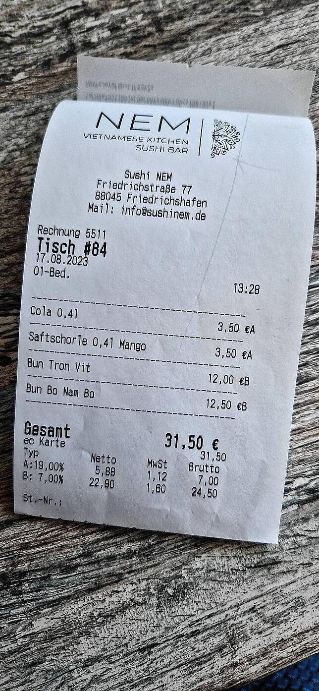 31, 50 Euro stehen am Ende auf der Rechnung.