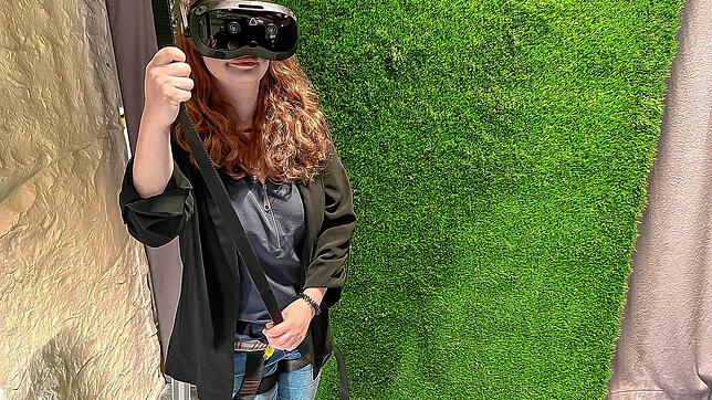 Unsere Autorin Anna-Sophie Zepf macht sich bereit für eine Tour im virtuellen Hochseilgarten in der VR-Arena in Triberg.