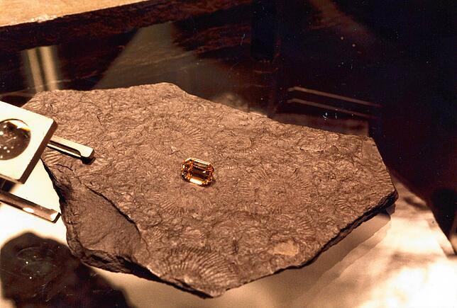 Das Prunkstück der Ausstellung: ein gelber Diamant mit fünf Karat. Um ihn genau anschauen zu können, war an der Vitrine eine Lupe ...
