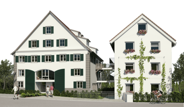 So sollen das sanierte Weinbauernhaus (links) und der Neubau nach der Restaurierung aussehen.