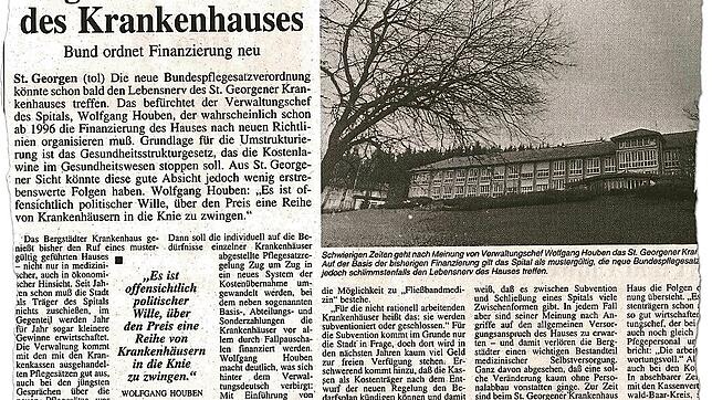 So berichtete der SÜDKURIER vor 25 Jahren über die damals noch sehr ungewisse Zukunft des städtischen Krankenhauses in St. Georgen.