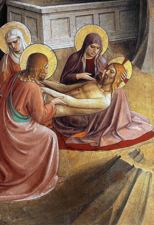 Nach der Abnahme vom Kreuz wird Jesus von Frauen gesalbt und dann beigesetzt.