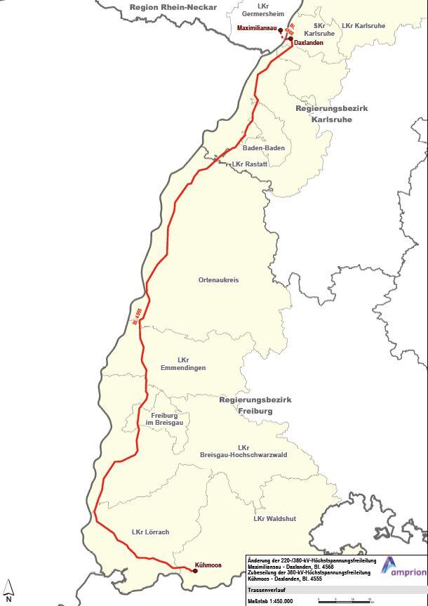 Die Stromtrasse verbindet die Umspannwerke in Daxlanden bei Karlsruhe und Kühmoos bei Rickenbach.