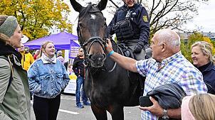 Polizeiarbeit zum Anfassen gibt es bei der Polizeischau in VS-Schwenningen. Das Polizeipferd der Polizeireiterstaffel scheint die ...