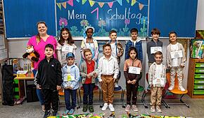 Die Erstklässler der Klasse 1GB der Hebelschule in Gottmadingen-Bietingen sind mit Klassenlehrerin Maximiliane Friedrich am Start.