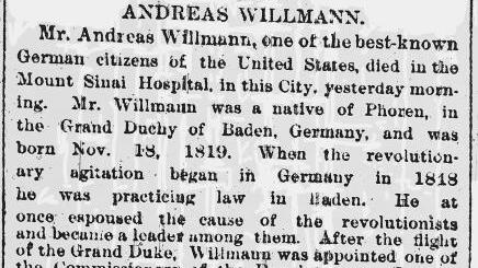 Auszug aus dem Nachruf vom 5. März 1878 in der New York Times am Tag nach dem Ableben von Andreas Willmann.