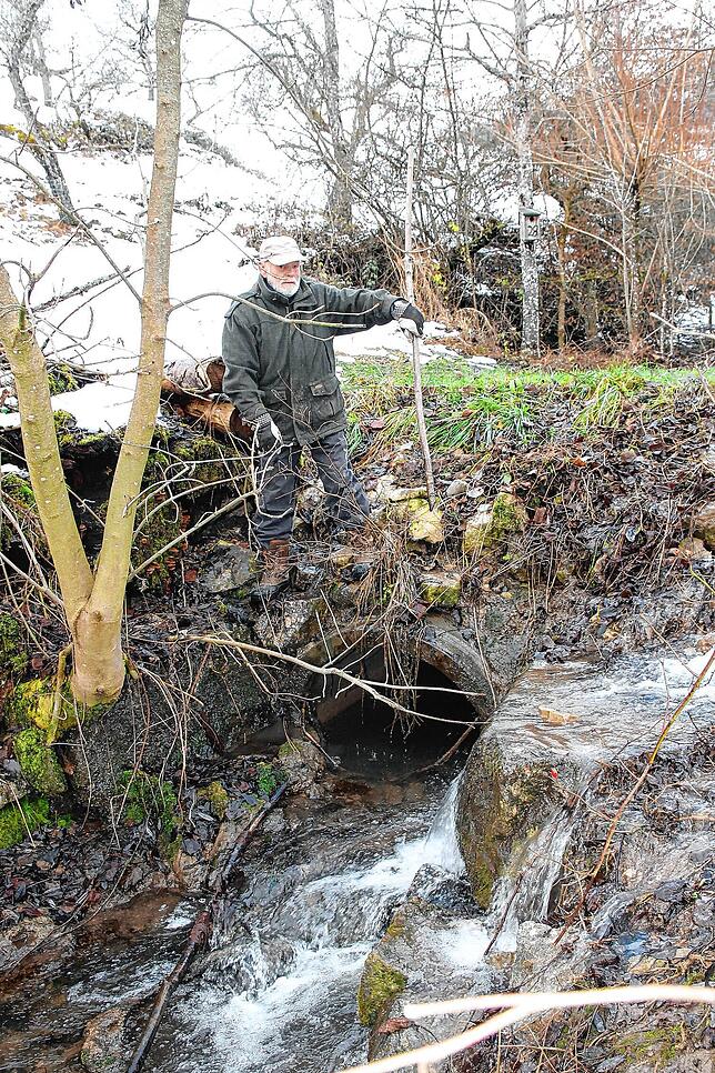 Sorgen bereitet ein Biber im Liederbachtal. BUND-Mitglied Hans Jürgen Bannasch sorgt sich um den Fahrdamm über den Bach, der ausgespült ...