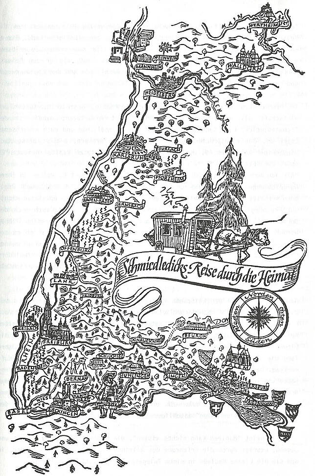 Die einzelnen Aufenthaltsorte des kleinen Schmiedledick zeigt die illustrierte Karte des Badener Landes auf.