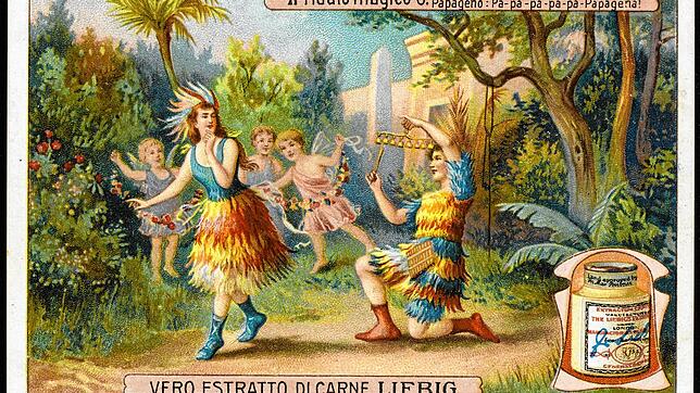 Papageno und Papagena aus Mozarts &bdquo;Zauberflöte&ldquo; mussten im 19. Jahrhundert als Werbefiguren für das Fleischextrakt des ...