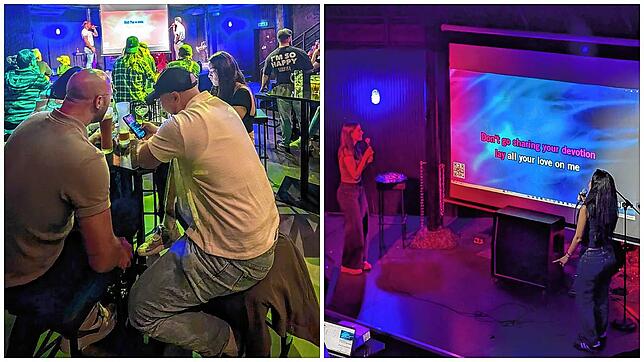 Impressionen der Karaoke-Party im Omega. Auf der Bühne mit Licht- und Tontechnik entsteht fast Konzertatmosphäre – natürlich steht aber ...