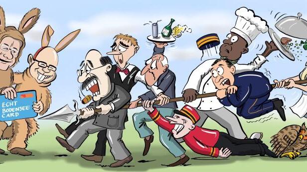 Im September nahm SÜDKURIER-Karikaturist Stefan Roth den Kampf der Gastgeber am See als "Sieben Schwaben" gegen die neue Gäste-Chipkarte ...