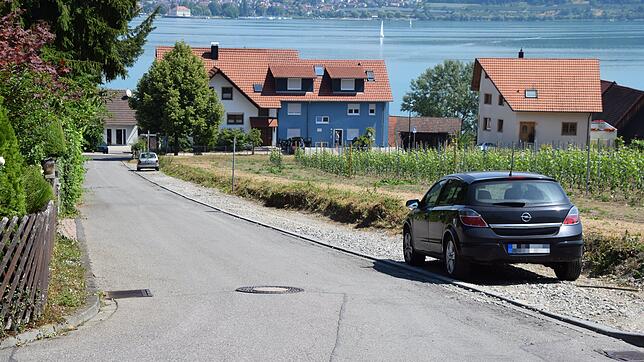 Wo jetzt in der Straße "Am Königsweingarten" ein Kiesstreifen ist, sollten 79 Parkplätze entstehen, die quer zur Fahrbahn sind und bis ...