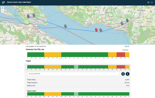 Das Programm &bdquo;Flight Forecast&ldquo; simuliert die Flugroute, hier von Konstanz nach Friedrichshafen. Ein Ampelsystem zeigt, ob ...
