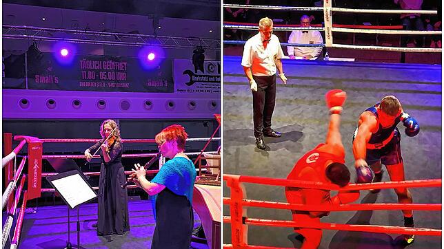 Gegensätzlicher könnte ein Ring kaum genutzt werden: Links spielen Christina Burchard an der Violine und Katja Verdi an der Blockflöte ...