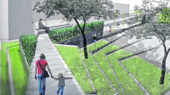 Für die zwischen Rappensteinhalle (links) und dem Neubau der Hans-Thoma-Schule über den Pausenhof geplante Passerelle könnte trotz ...