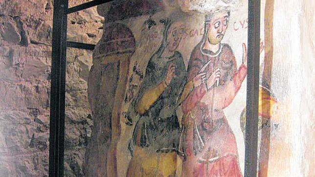 Die frühen Mönchsväter Columban, Gallus und Magnus in einer karolingischen Wandmalerei aus dem9. Jahrhundert. Die Aufnahme entstand in ...