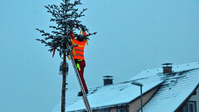 Der Narrenbaum in Häusern wird von Mitgliedern der Narrenzunft Hüsemer Hasen geschmückt.