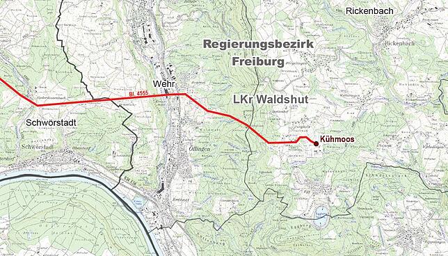 So verläuft die Stromleitung über den Dinkelberg, Wehr nach Rickenbach.