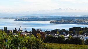 Das Panorama über Überlingen und den See vom Teilort Aufkirch aus. Die kühlere Luft im Herbst ermöglicht den Blick bis zu den Alpen und ...