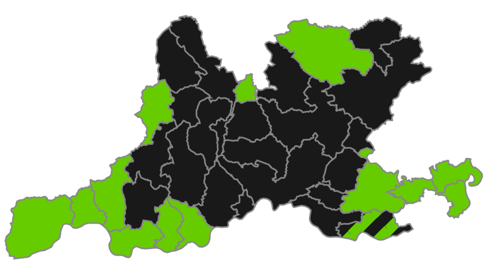 Die politische Gemeindekarte nach der Landtagswahl 2016 im Landkreis Waldshut. Die Gemeinden, in denen die CDU die meisten Stimmen ...