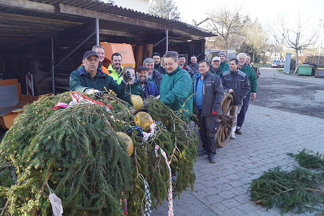 Die Holzer der Dettingen-Wallhauser Moorschrat schmücken den Narrenbaum, den sie auf den Dorfplatz stellen werden.