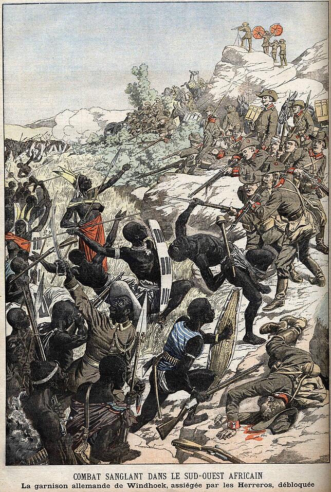 Grausame Besatzer: Darstellung vom blutigen Gemetzel deutscher Truppen an den Hereros in "Deutsch-Südwestafrika" vom April 1904. Der ...
