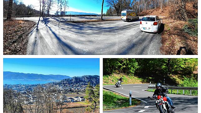 Der Parkplatz an der Bergstraße, die Aussicht von dort auf Ludwigshafen und Motorradfahrer, die dort gerne fahren.