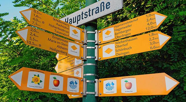Im gleichen Stil wie die gelben Wanderwegweiser machen drei Symbole auf die neuen Themenwege rund um Lippertsreute aufmerksam.