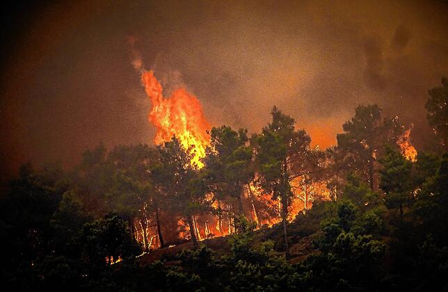Flammen sind bei einem großen Waldbrand auf der griechischen Insel Rhodos zu sehen.