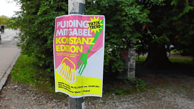 Am Samstag, 4. Oktober, treffen sich junge Menschen zum gemeinsamen Pudding-mit-Gabel-Essen. Das Plakat im Herosé-Park weist auf diese ...