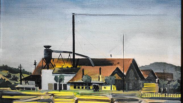 Dieses Ölbild zeigt die Dampfsäge im Juni 1939, ein halbes Jahr nach dem durch „Arisierung“ erzwungenen Besitzerwechsel.