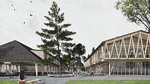 So könnte das Zentrum Holzbau Schwarzwald (ZHS) in St. Blasien einmal aussehen: links im Bild das Kurhaus, rechts der Neubau. ...
