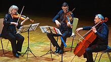 Das Rabus-Streichtrio mit Geigerin Kathrin Rabus, Bratschist Volker Jacobsen und Cellist Leonid Gorokhov beim Konzert in der Wehrer ...