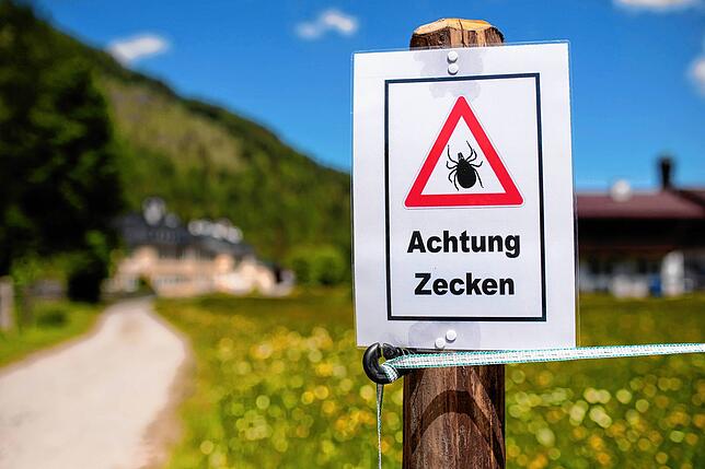 Wer so ein Schild beim Wandern sieht, sollte sich am Abend besonders gut nach Zecken absuchen. Eine FSME-Impfung wird von Experten ...