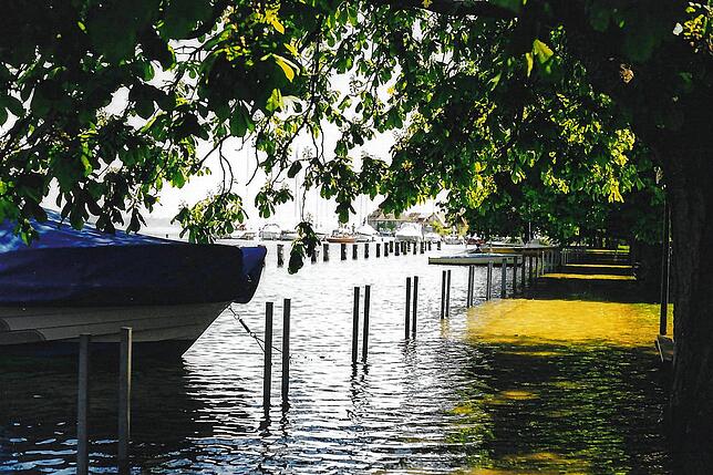 Eine weitere Impression aus Bodman-Ludwigshafen. Wo die Dalben sind, ist auch die Ufermauer – aber unter Wasser.