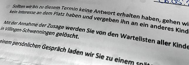 Auf dieses Schreiben – die Zusage für einen Kitaplatz – haben auch dieses Jahr viele Eltern in VS vergeblich gehofft.