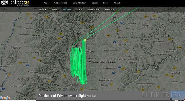 Ufo-Flugbahn Screenshot von Flightradar24.com am 13.04.2016. Das ist die Flugbahn des Ufos über dem Schwarzwald. In Wirklichkeit handelte es sich ...