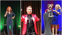 Kabarettistin Andrea Volk, Mentalist Lars Ruth und Bauchrednerin Sabine Murza (alias Murzarella) bei ihren Auftritten in der Jahnhalle.