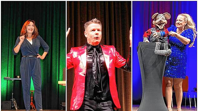 Kabarettistin Andrea Volk, Mentalist Lars Ruth und Bauchrednerin Sabine Murza (alias Murzarella) bei ihren Auftritten in der Jahnhalle.