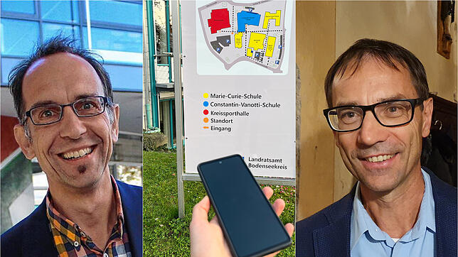 Hans Weber (links, Rektor des Gymnasium Überlingens) und Karl Niedermann (rechts, Schulleiter an der Wiestorschule Überlingen) sprechen ...