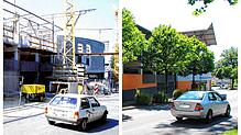 Links das Parkhaus während seiner Bauphase Ende der 90er Jahre, rechts das Parkhaus im August 2022.