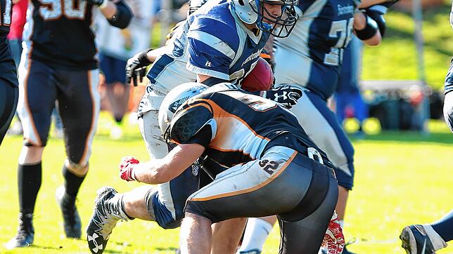 Pablo De Miguel (mit Ball) erzielte für die Neckar Hammers zwei Touchdowns beim deutlichen Heimsieg gegen Backnang. Bild: R. Müller