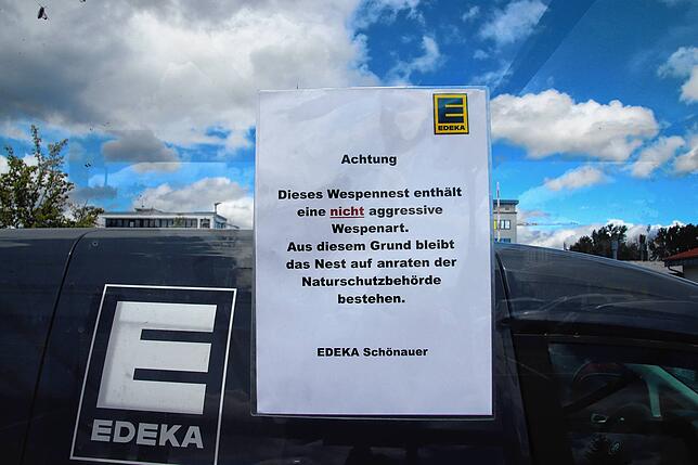 Mit diesem Plakat beim Wespennest infomiert Edeka Schönauer seine Kunden: &bdquo;Achtung, dieses Wespennest enthält eine nicht ...