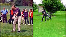 Gerhard Schwarz, erster Präsident des Golfclubs Rochushof, bei der Eröffnung der Anlage in Unterhomberg (linkes Bild) und heute.