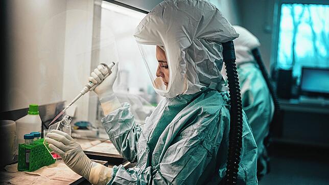 München: Eine Frau arbeitet im Institut für Mikrobiologie der Bundeswehr in München. Das Institut hat auch erstmals in Deutschland bei ...