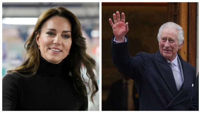 König Charles III. winkt beim verlassen der Londoner Klinik. Kate, Prinzessin von Wales, lächelt bei ihrem Besuch in Sebby&lsquo;s ...
