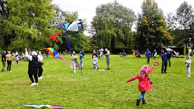 Obwohl der Wind fehlt, haben die Besucher beim 20. Drachenfest des Stadtpark-Fördervereins ihren Spaß. Bild: Christel Rossner