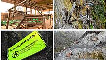 Oben links das Treppenmodell, unten links die zweite Absperrung an der Marienschlucht unten, oben rechts eine Nahaufnahme eines ...