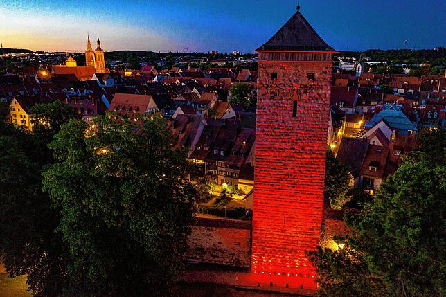 Night of Light am Montag Abend am Romöusturm in Villingen.